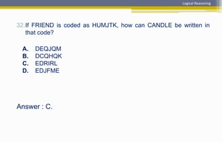 Answer : C.
32.If FRIEND is coded as HUMJTK, how can CANDLE be written in
that code?
A. DEQJQM
B. DCQHQK
C. EDRIRL
D. EDJFME
Logical Reasoning
 
