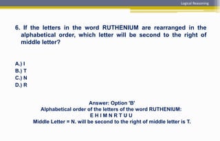 6. If the letters in the word RUTHENIUM are rearranged in the
alphabetical order, which letter will be second to the right of
middle letter?
A.) I
B.) T
C.) N
D.) R
Answer: Option 'B'
Alphabetical order of the letters of the word RUTHENIUM:
E H I M N R T U U
Middle Letter = N. will be second to the right of middle letter is T.
Logical Reasoning
 