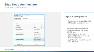 Edge Node Architecture
Edge VM configuration
20
Confidential │ ©2019 VMware, Inc.
Edge V M configuration
• Portgropus leveraged by Edge
VM can be access or trunk
PG should be configured as
Trunk when Edge VM sends
802.1Q tag.
-
- Vlan defined at the vlan
backed LS used to connect
Tier-0 to physical
Uplink profile has a transport
vlan defined
 