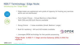 • Edge-nodes are appliances with pools of capacity for hosting any services
which are not distributed.
• Form Factor Choice - Virtual Machine or Bare Metal
Both OVA and ISO both flavors available
• Sizing Choice - 3 sizes available (Small, Medium, Large)
• Built for resiliency - A/A and A/S models available
• Leverages DPDK technology for fast packet processing.
NSX-T Terminology: Edge Node
Introducing the “Edge Node”
BM
*Edge Node in NSX-T = ! Edge service Gateway (ESG) in N S X for
vSphere
6
Confidential │ ©2019 VMware, Inc.
 