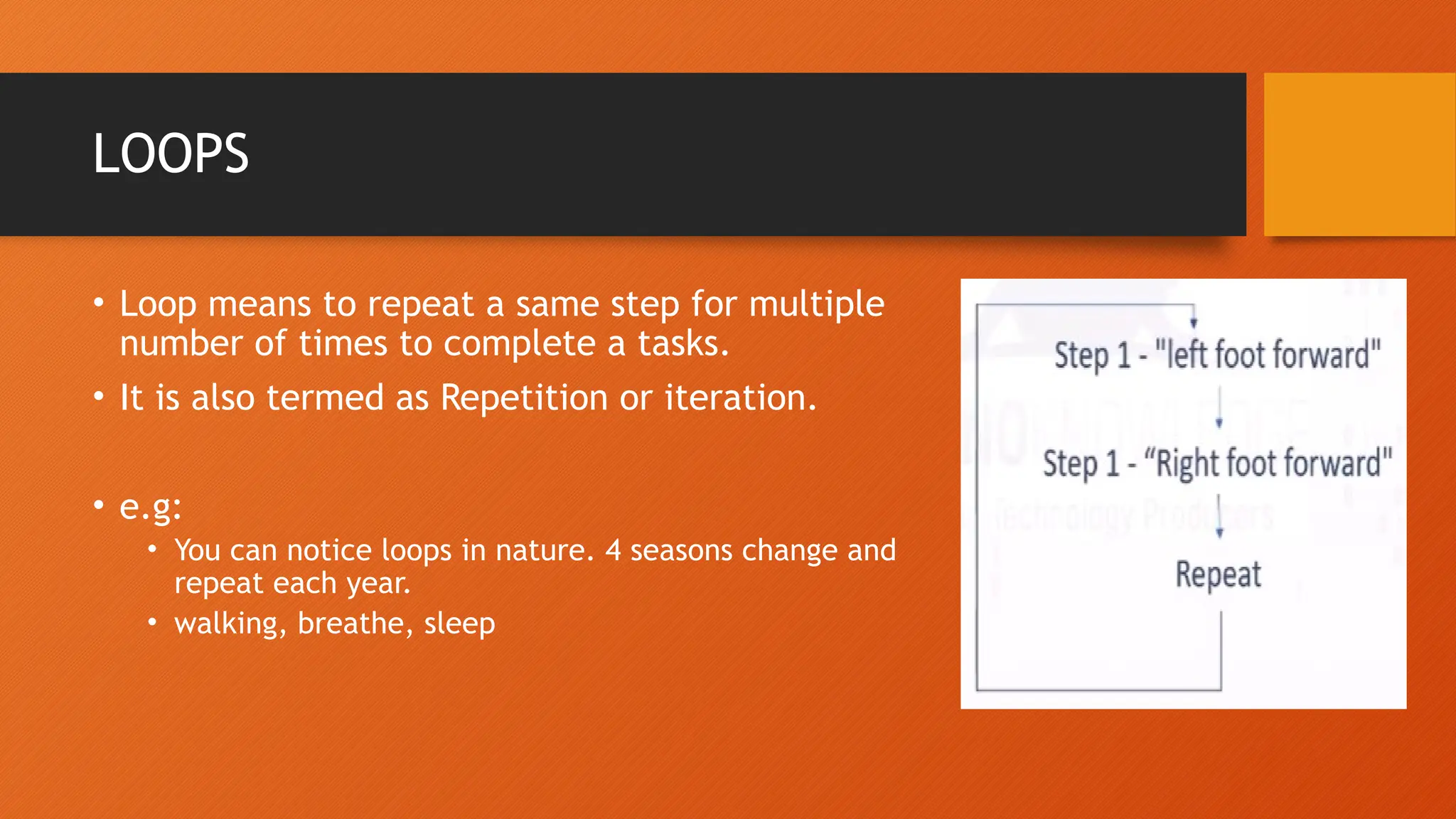 LOOPS • Loop means to repeat a same step for multiple number of times to complete a tasks. • It is also termed as Repetition or iteration. • e.g: • You can notice loops in nature. 4 seasons change and repeat each year. • walking, breathe, sleep 