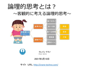 論理的思考とは？
～客観的に考える論理的思考～
ク コンサルティング
ク コンサルティング
2021年5月10日
クレイン テクノ
Ｃｒａｎｅ ｔｅｃｈｎｏ
サイト ＵＲＬ：http://crane-techno.com/
 