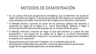 METODOS DE DEMOSTRACIÓN
• Es una cadena finita de proposiciones verdaderas, que se obtienen con ayuda de
reglas de inferencia lógicas. El punto de partida de esta cadena son proposiciones
cuya verdad es conocida. El punto final de la cadena es el teorema a demostrar.
• El Método Directo :Consiste en partir de las premisas (datos) del teorema y
aplicando las reglas de la lógica y la teoría desarrollada, obtener o llegar a
la tesis (conclusión) del teorema después de un número finito de pasos.
• El Método Indirecto: Consiste en negar la tesis del teorema y a partir de esta
proposición y con ayuda de las reglas de la lógica y la teoría desarrollada
encontrar una contradicción respecto a las premisas, una proposición verdadera
o respecto a la suposición.
• Demostraciones por Inducción Completa : Es un método especial de
demostración matemática que permite, a base de observaciones particulares,
juzgar de las regularidades generales correspondientes.
 