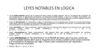 LEYES NOTABLES EN LOGICA
• Ley de doble negación: Dentro de un sistema de lógica clásica, la doble negación, esto es, la negación de la negación de
una proposición p, es lógicamente equivalente a p. Expresado simbólicamente, ¬(¬p) ⇔ p. En lógica intuicionista, una
proposición implica su doble negación, pero no al revés. Esto marca una importante diferencia entre la negación clásica e
intuicionista. Algebraicamente, la negación clásica es llamada una involución de periodo dos.
• Leyes de idempotencia: En matemática y lógica, la idempotencia es la propiedad para realizar una acción determinada
varias veces y aun así conseguir el mismo resultado que se obtendría si se realizase una sola vez. Un elemento que cumple
esta propiedad es un elemento idempotente, o un idempotente.
• Leyes asociativas: Las "Leyes asociativas" quieren decir que no importa cómo agrupes los números (o sea, qué calculas
primero) cuando sumas o cuando multiplicas.(a + b) + c = a + (b + c)
(a × b) × c = a × (b × c)
• Leyes conmutativas:Las "leyes conmutativas" sólo quieren decir que puedes intercambiar los números
cuando sumas o cuando multiplicas y la respuesta va a ser la misma.a + b = b + a
a × b = b × a
• Leyes distributivas:La "ley distributiva" es la MEJOR de todas, pero hay que usarla con
mucho cuidado Quiere decir que la respuesta es la misma cuando:sumas varios números
y el resultado lo multiplicas por algo, o haces cada multiplicación por separado y
luego sumas los resultados
• Así:(a + b) × c = a × c + b × c
 