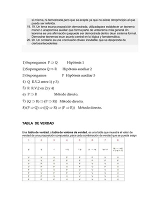 sí misma, ni demostrada,pero que se acepta ya que no existe otroprincipio al que
pueda ser referida.
19. 19. Un lema esuna proposición demostrada, utilizadapara establecer un teorema
menor o unapremisa auxiliar que forma parte de unteorema más general Un
teorema es una afirmación quepuede ser demostrada dentro deun sistema formal.
Demostrar teoremas esun asunto central en la lógica y lamatemática.
20. 20. Un corolario es una conclusión obviao inevitable que se desprende de
ciertosantecedentes
TABLA DE VERDAD
Una tabla de verdad, o tabla de valores de verdad, es una tabla que muestra el valor de
verdad de una proposición compuesta, para cada combinación de verdad que se pueda asign
 