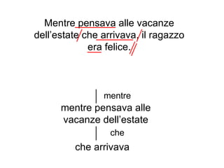 Mentre pensava alle vacanze
dell’estate che arrivava, il ragazzo
             era felice.



                mentre
      mentre pensava alle
      vacanze dell’estate
                  che
         che arrivava
 