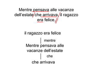 Mentre pensava alle vacanze
dell’estate che arrivava, il ragazzo
             era felice.


     il ragazzo era felice
                mentre
      Mentre pensava alle
      vacanze dell’estate
                  che
         che arrivava
 