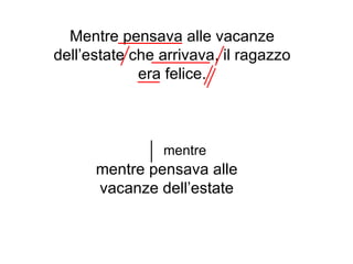 Mentre pensava alle vacanze
dell’estate che arrivava, il ragazzo
             era felice.



                mentre
      mentre pensava alle
      vacanze dell’estate
 