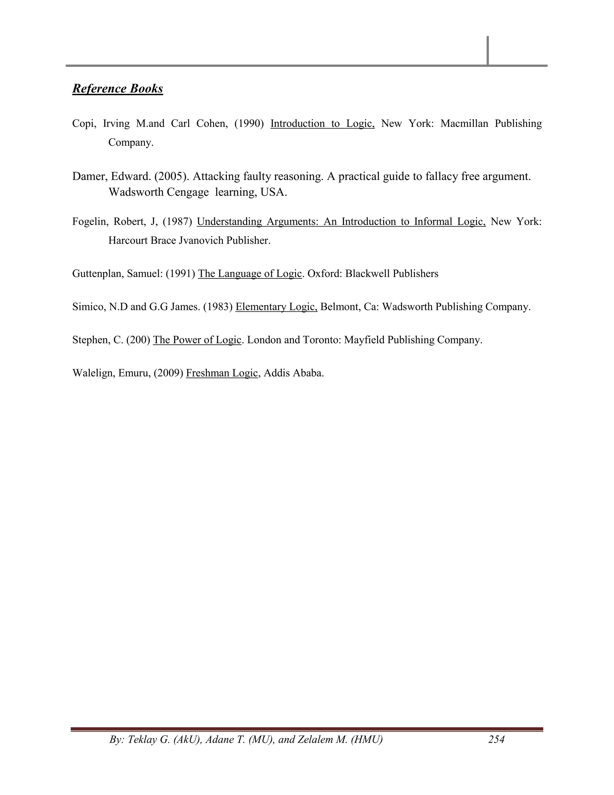 By: Teklay G. (AkU), Adane T. (MU), and Zelalem M. (HMU) 254
Reference Books
Copi, Irving M.and Carl Cohen, (1990) Introduction to Logic, New York: Macmillan Publishing
Company.
Damer, Edward. (2005). Attacking faulty reasoning. A practical guide to fallacy free argument.
Wadsworth Cengage learning, USA.
Fogelin, Robert, J, (1987) Understanding Arguments: An Introduction to Informal Logic, New York:
Harcourt Brace Jvanovich Publisher.
Guttenplan, Samuel: (1991) The Language of Logic. Oxford: Blackwell Publishers
Simico, N.D and G.G James. (1983) Elementary Logic, Belmont, Ca: Wadsworth Publishing Company.
Stephen, C. (200) The Power of Logic. London and Toronto: Mayfield Publishing Company.
Walelign, Emuru, (2009) Freshman Logic, Addis Ababa.
 