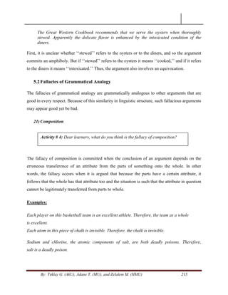 By: Teklay G. (AkU), Adane T. (MU), and Zelalem M. (HMU) 215
The Great Western Cookbook recommends that we serve the oysters when thoroughly
stewed. Apparently the delicate ﬂavor is enhanced by the intoxicated condition of the
diners.
First, it is unclear whether ‗‗stewed‘‘ refers to the oysters or to the diners, and so the argument
commits an amphiboly. But if ‗‗stewed‘‘ refers to the oysters it means ‗‗cooked,‘‘ and if it refers
to the diners it means ‗‗intoxicated.‘‘ Thus, the argument also involves an equivocation.
5.2Fallacies of Grammatical Analogy
The fallacies of grammatical analogy are grammatically analogous to other arguments that are
good in every respect. Because of this similarity in linguistic structure, such fallacious arguments
may appear good yet be bad.
21) Composition
The fallacy of composition is committed when the conclusion of an argument depends on the
erroneous transference of an attribute from the parts of something onto the whole. In other
words, the fallacy occurs when it is argued that because the parts have a certain attribute, it
follows that the whole has that attribute too and the situation is such that the attribute in question
cannot be legitimately transferred from parts to whole.
Examples:
Each player on this basketball team is an excellent athlete. Therefore, the team as a whole
is excellent.
Each atom in this piece of chalk is invisible. Therefore, the chalk is invisible.
Sodium and chlorine, the atomic components of salt, are both deadly poisons. Therefore,
salt is a deadly poison.
Activity # 4: Dear learners, what do you think is the fallacy of composition?
 