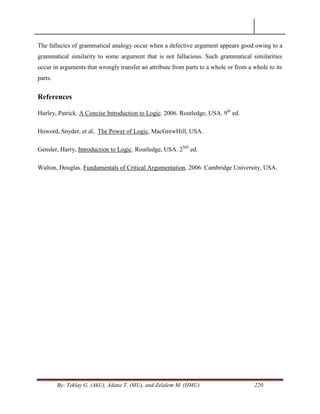 By: Teklay G. (AkU), Adane T. (MU), and Zelalem M. (HMU) 220
The fallacies of grammatical analogy occur when a defective argument appears good owing to a
grammatical similarity to some argument that is not fallacious. Such grammatical similarities
occur in arguments that wrongly transfer an attribute from parts to a whole or from a whole to its
parts.
References
Hurley, Patrick. A Concise Introduction to Logic. 2006. Routledge, USA. 9th
ed.
Howord, Snyder, et al, The Power of Logic, MacGrewHill, USA.
Gensler, Harry, Introduction to Logic. Routledge, USA. 2ND
ed.
Walton, Douglas. Fundamentals of Critical Argumentation. 2006. Cambridge University, USA.
 