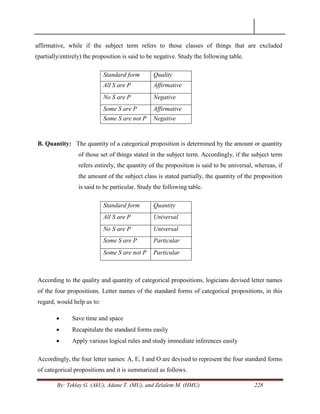 By: Teklay G. (AkU), Adane T. (MU), and Zelalem M. (HMU) 228
affirmative, while if the subject term refers to those classes of things that are excluded
(partially/entirely) the proposition is said to be negative. Study the following table.
Standard form Quality
All S are P Affirmative
No S are P Negative
Some S are P Affirmative
Some S are not P Negative
B. Quantity: The quantity of a categorical proposition is determined by the amount or quantity
of those set of things stated in the subject term. Accordingly, if the subject term
refers entirely, the quantity of the proposition is said to be universal, whereas, if
the amount of the subject class is stated partially, the quantity of the proposition
is said to be particular. Study the following table.
Standard form Quantity
All S are P Universal
No S are P Universal
Some S are P Particular
Some S are not P Particular
According to the quality and quantity of categorical propositions, logicians devised letter names
of the four propositions. Letter names of the standard forms of categorical propositions, in this
regard, would help us to:
 Save time and space
 Recapitulate the standard forms easily
 Apply various logical rules and study immediate inferences easily
Accordingly, the four letter names: A, E, I and O are devised to represent the four standard forms
of categorical propositions and it is summarized as follows.
 