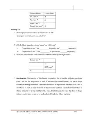 By: Teklay G. (AkU), Adane T. (MU), and Zelalem M. (HMU) 229
Standard form Letter Name
All S are P A
No S are P E
Some S are P I
Some S are not P O
Activity # 2
1. Write a proposition in which its letter name is “O”
Example: Some students are not clever.
__________________________________________________________________
2. Fill the blank space by writing “same” or “different”
A. Proposition A and I are __________ in quality and _________ in quantity.
B. Proposition E and O are __________ in quality and _______ in quantity.
3. Write the correct letter name and standard form on the given empty space.
Some S are P
E
All S are P
O
C. Distribution: The concept of distribution emphasizes the terms (the subject & predicate
terms) and not the proposition as such. If a term refers unambiguously the set of things
stated in it entirely the term is said to be distributed. It implies that attribute of the class is
distributed to each & every member of the class and we know clearly that the attribute is
shared similarly by every member of the class. If a term does not state the class of things
in this way, the term is said to be undistributed. Study the following table:
 