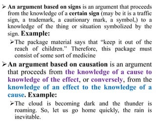  An argument based on signs is an argument that proceeds
from the knowledge of a certain sign (may be it is a traffic
sign, a trademark, a cautionary mark, a symbol,) to a
knowledge of the thing or situation symbolized by the
sign. Example:
The package material says that “keep it out of the
reach of children.” Therefore, this package must
consist of some sort of medicine
An argument based on causation is an argument
that proceeds from the knowledge of a cause to
knowledge of the effect, or conversely, from the
knowledge of an effect to the knowledge of a
cause. Example:
The cloud is becoming dark and the thunder is
roaming. So, let us go home quickly, the rain is
inevitable.
 
