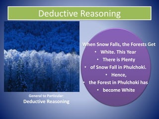 Deductive Reasoning
• When Snow Falls, the Forests Get
• White. This Year
• There is Plenty
• of Snow Fall in Phulchoki.
• Hence,
• the Forest in Phulchoki has
• become White
General to Particular:
Deductive Reasoning
 
