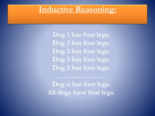 Inductive Reasoning:
Dog 1 has four legs.
Dog 2 has four legs.
Dog 2 has four legs.
Dog 2 has four legs.
Dog 2 has four legs.
…………………
Dog n has four legs.
All dogs have four legs.
 