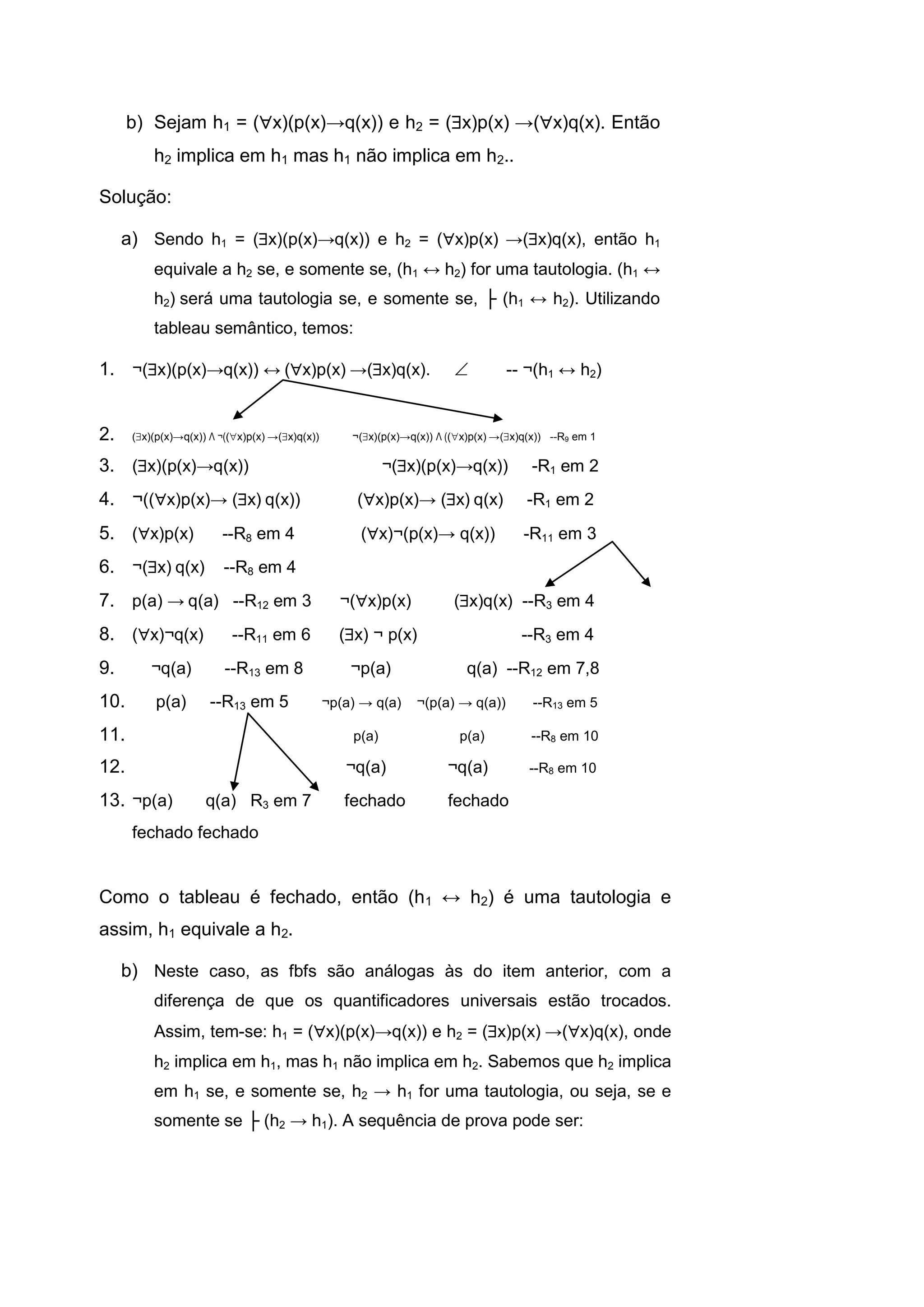 b) Sejam h1 = (x)(p(x)→q(x)) e h2 = (x)p(x) →(x)q(x). Então
h2 implica em h1 mas h1 não implica em h2..
Solução:
a) Sendo h1 = (x)(p(x)→q(x)) e h2 = (x)p(x) →(x)q(x), então h1
equivale a h2 se, e somente se, (h1 ↔ h2) for uma tautologia. (h1 ↔
h2) será uma tautologia se, e somente se, ├ (h1 ↔ h2). Utilizando
tableau semântico, temos:
1. ¬(x)(p(x)→q(x)) ↔ (x)p(x) →(x)q(x).  -- ¬(h1 ↔ h2)
2. (x)(p(x)→q(x)) Λ ¬((x)p(x) →(x)q(x)) ¬(x)(p(x)→q(x)) Λ ((x)p(x) →(x)q(x)) --R9 em 1
3. (x)(p(x)→q(x)) ¬(x)(p(x)→q(x)) -R1 em 2
4. ¬((x)p(x)→ (x) q(x)) (x)p(x)→ (x) q(x) -R1 em 2
5. (x)p(x) --R8 em 4 (x)¬(p(x)→ q(x)) -R11 em 3
6. ¬(x) q(x) --R8 em 4
7. p(a) → q(a) --R12 em 3 ¬(x)p(x) (x)q(x) --R3 em 4
8. (x)¬q(x) --R11 em 6 (x) ¬ p(x) --R3 em 4
9. ¬q(a) --R13 em 8 ¬p(a) q(a) --R12 em 7,8
10. p(a) --R13 em 5 ¬p(a) → q(a) ¬(p(a) → q(a)) --R13 em 5
11. p(a) p(a) --R8 em 10
12. ¬q(a) ¬q(a) --R8 em 10
13. ¬p(a) q(a) R3 em 7 fechado fechado
fechado fechado
Como o tableau é fechado, então (h1 ↔ h2) é uma tautologia e
assim, h1 equivale a h2.
b) Neste caso, as fbfs são análogas às do item anterior, com a
diferença de que os quantificadores universais estão trocados.
Assim, tem-se: h1 = (x)(p(x)→q(x)) e h2 = (x)p(x) →(x)q(x), onde
h2 implica em h1, mas h1 não implica em h2. Sabemos que h2 implica
em h1 se, e somente se, h2 → h1 for uma tautologia, ou seja, se e
somente se ├ (h2 → h1). A sequência de prova pode ser:
 