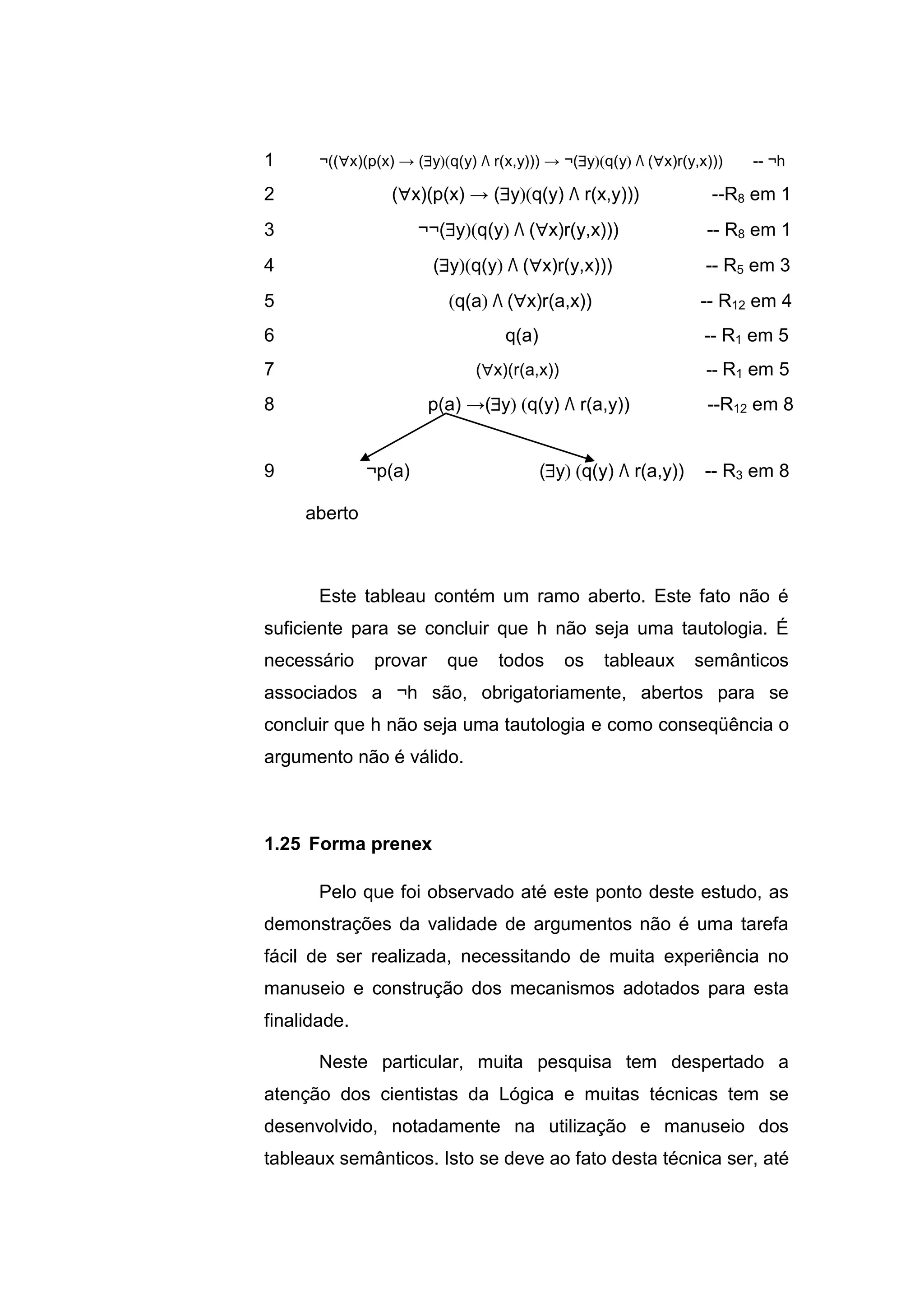 1 ¬((x)(p(x) → (yq(y) Λ r(x,y))) → ¬(yq(yΛ(x)r(y,x))) -- ¬h
2 (x)(p(x) → (yq(y) Λ r(x,y))) --R8 em 1
3 ¬¬(yq(yΛ(x)r(y,x))) -- R8 em 1
4 (yq(yΛ(x)r(y,x))) -- R5 em 3
5 q(aΛ(x)r(a,x)) -- R12 em 4
6 q(a) -- R1 em 5
7 (x)(r(a,x)) -- R1 em 5
8 p(a) →(yq(y) Λ r(a,y)) --R12 em 8
9 ¬p(a) (yq(y) Λ r(a,y)) -- R3 em 8
aberto
Este tableau contém um ramo aberto. Este fato não é
suficiente para se concluir que h não seja uma tautologia. É
necessário provar que todos os tableaux semânticos
associados a ¬h são, obrigatoriamente, abertos para se
concluir que h não seja uma tautologia e como conseqüência o
argumento não é válido.
Pelo que foi observado até este ponto deste estudo, as
demonstrações da validade de argumentos não é uma tarefa
fácil de ser realizada, necessitando de muita experiência no
manuseio e construção dos mecanismos adotados para esta
finalidade.
Neste particular, muita pesquisa tem despertado a
atenção dos cientistas da Lógica e muitas técnicas tem se
desenvolvido, notadamente na utilização e manuseio dos
tableaux semânticos. Isto se deve ao fato desta técnica ser, até
1.25 Forma prenex
 