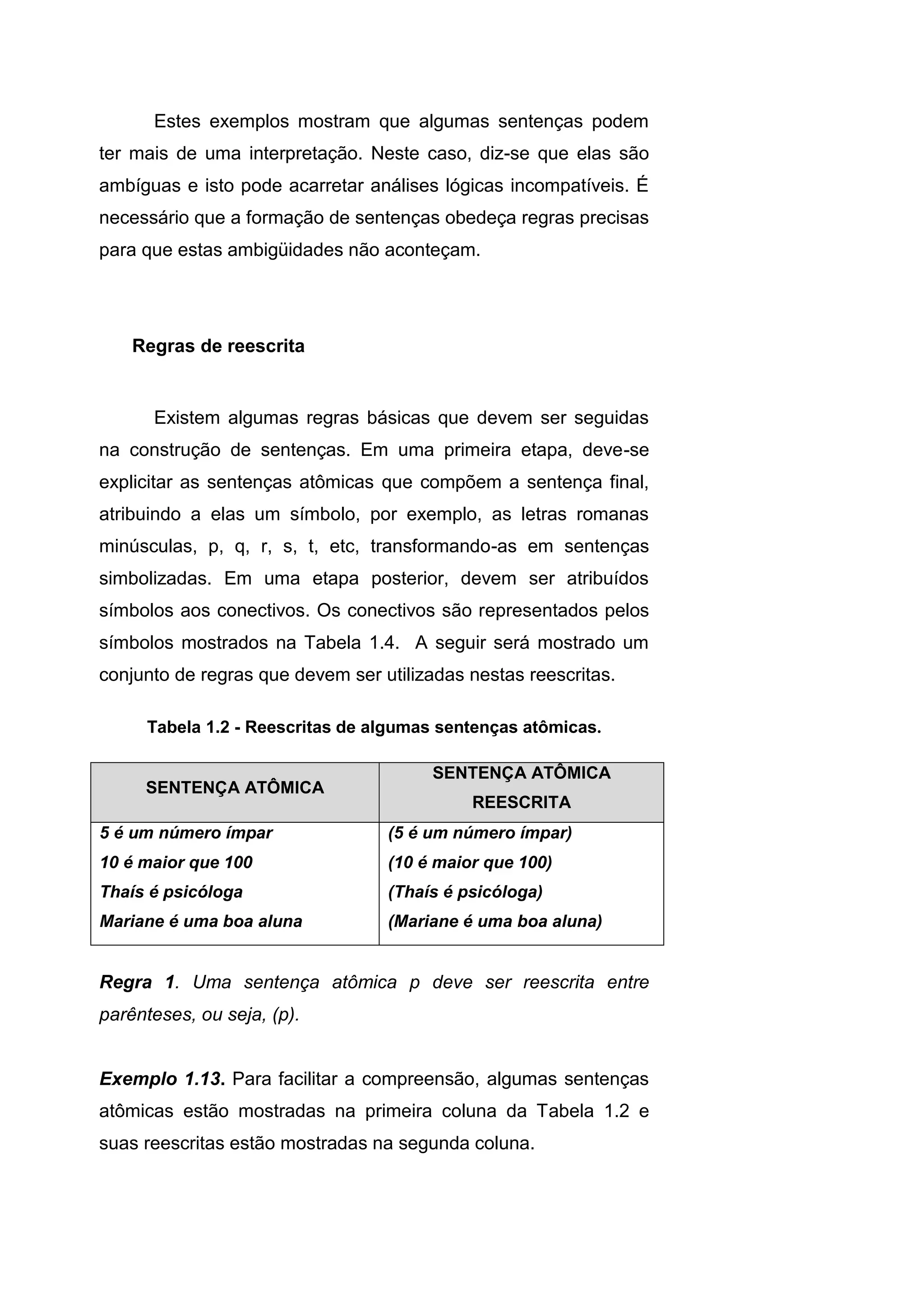 Estes exemplos mostram que algumas sentenças podem
ter mais de uma interpretação. Neste caso, diz-se que elas são
ambíguas e isto pode acarretar análises lógicas incompatíveis. É
necessário que a formação de sentenças obedeça regras precisas
para que estas ambigüidades não aconteçam.
Regras de reescrita
Existem algumas regras básicas que devem ser seguidas
na construção de sentenças. Em uma primeira etapa, deve-se
explicitar as sentenças atômicas que compõem a sentença final,
atribuindo a elas um símbolo, por exemplo, as letras romanas
minúsculas, p, q, r, s, t, etc, transformando-as em sentenças
simbolizadas. Em uma etapa posterior, devem ser atribuídos
símbolos aos conectivos. Os conectivos são representados pelos
símbolos mostrados na Tabela 1.4. A seguir será mostrado um
conjunto de regras que devem ser utilizadas nestas reescritas.
Tabela 1.2 - Reescritas de algumas sentenças atômicas.
Regra 1. Uma sentença atômica p deve ser reescrita entre
parênteses, ou seja, (p).
Exemplo 1.13. Para facilitar a compreensão, algumas sentenças
atômicas estão mostradas na primeira coluna da Tabela 1.2 e
suas reescritas estão mostradas na segunda coluna.
SENTENÇA ATÔMICA
SENTENÇA ATÔMICA
REESCRITA
5 é um número ímpar
10 é maior que 100
Thaís é psicóloga
Mariane é uma boa aluna
(5 é um número ímpar)
(10 é maior que 100)
(Thaís é psicóloga)
(Mariane é uma boa aluna)
 
