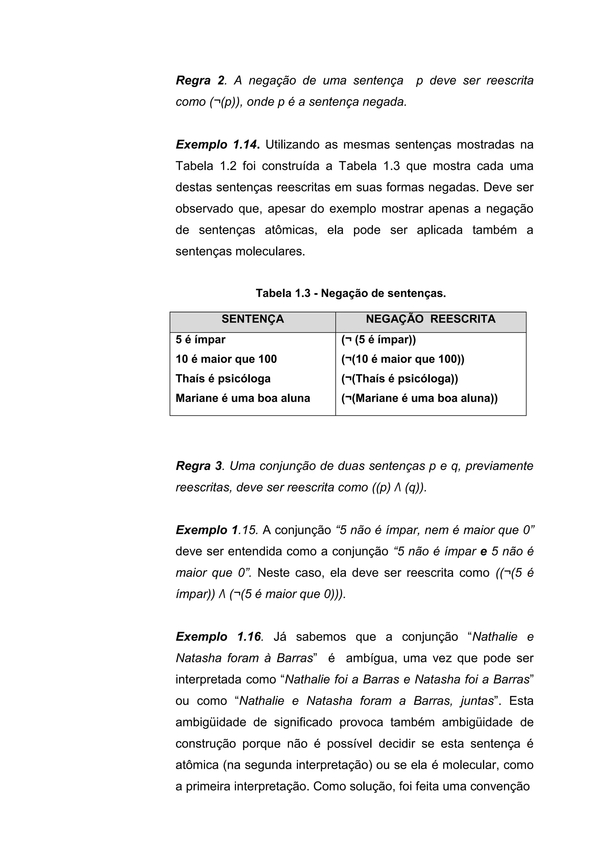 Regra 2. A negação de uma sentença p deve ser reescrita
como (¬(p)), onde p é a sentença negada.
Exemplo 1.14. Utilizando as mesmas sentenças mostradas na
Tabela 1.2 foi construída a Tabela 1.3 que mostra cada uma
destas sentenças reescritas em suas formas negadas. Deve ser
observado que, apesar do exemplo mostrar apenas a negação
de sentenças atômicas, ela pode ser aplicada também a
sentenças moleculares.
Tabela 1.3 - Negação de sentenças.
Regra 3. Uma conjunção de duas sentenças p e q, previamente
reescritas, deve ser reescrita como ((p) Λ (q)).
Exemplo 1.15. A conjunção “5 não é ímpar, nem é maior que 0”
deve ser entendida como a conjunção “5 não é ímpar e 5 não é
maior que 0”. Neste caso, ela deve ser reescrita como ((¬(5 é
ímpar)) Λ (¬(5 é maior que 0))).
Exemplo 1.16. Já sabemos que a conjunção “Nathalie e
Natasha foram à Barras” é ambígua, uma vez que pode ser
interpretada como “Nathalie foi a Barras e Natasha foi a Barras”
ou como “Nathalie e Natasha foram a Barras, juntas”. Esta
ambigüidade de significado provoca também ambigüidade de
construção porque não é possível decidir se esta sentença é
atômica (na segunda interpretação) ou se ela é molecular, como
a primeira interpretação. Como solução, foi feita uma convenção
SENTENÇA NEGAÇÃO REESCRITA
5 é ímpar
10 é maior que 100
Thaís é psicóloga
Mariane é uma boa aluna
(¬ (5 é ímpar))
(¬(10 é maior que 100))
(¬(Thaís é psicóloga))
(¬(Mariane é uma boa aluna))
 