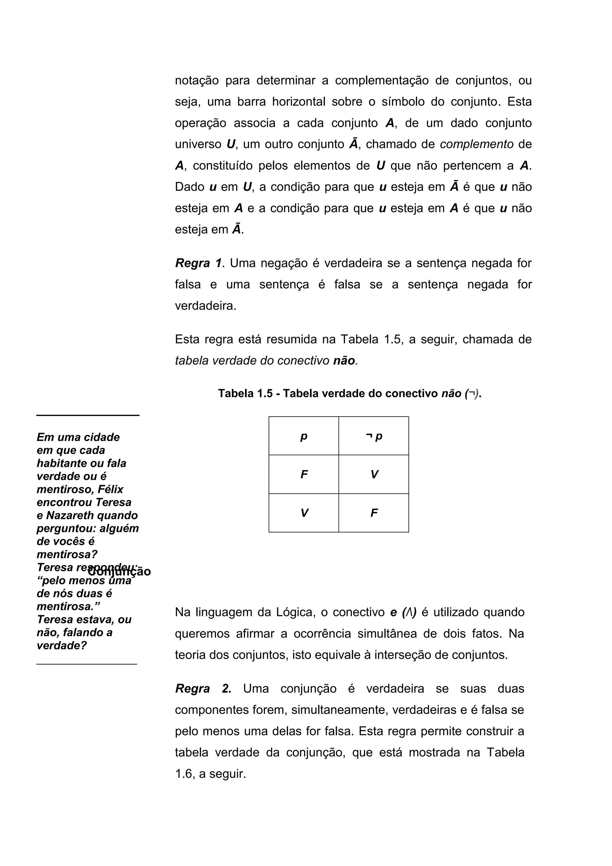 notação para determinar a complementação de conjuntos, ou
seja, uma barra horizontal sobre o símbolo do conjunto. Esta
operação associa a cada conjunto A, de um dado conjunto
universo U, um outro conjunto Ā, chamado de complemento de
A, constituído pelos elementos de U que não pertencem a A.
Dado u em U, a condição para que u esteja em Ā é que u não
esteja em A e a condição para que u esteja em A é que u não
esteja em Ā.
Regra 1. Uma negação é verdadeira se a sentença negada for
falsa e uma sentença é falsa se a sentença negada for
verdadeira.
Esta regra está resumida na Tabela 1.5, a seguir, chamada de
tabela verdade do conectivo não.
Tabela 1.5 - Tabela verdade do conectivo não (¬).
Conjunção
Na linguagem da Lógica, o conectivo e (Λ) é utilizado quando
queremos afirmar a ocorrência simultânea de dois fatos. Na
teoria dos conjuntos, isto equivale à interseção de conjuntos.
Regra 2. Uma conjunção é verdadeira se suas duas
componentes forem, simultaneamente, verdadeiras e é falsa se
pelo menos uma delas for falsa. Esta regra permite construir a
tabela verdade da conjunção, que está mostrada na Tabela
1.6, a seguir.
p ¬ p
F V
V F
_______________
Em uma cidade
em que cada
habitante ou fala
verdade ou é
mentiroso, Félix
encontrou Teresa
e Nazareth quando
perguntou: alguém
de vocês é
mentirosa?
Teresa respondeu:
“pelo menos uma
de nós duas é
mentirosa.”
Teresa estava, ou
não, falando a
verdade?
________________
 