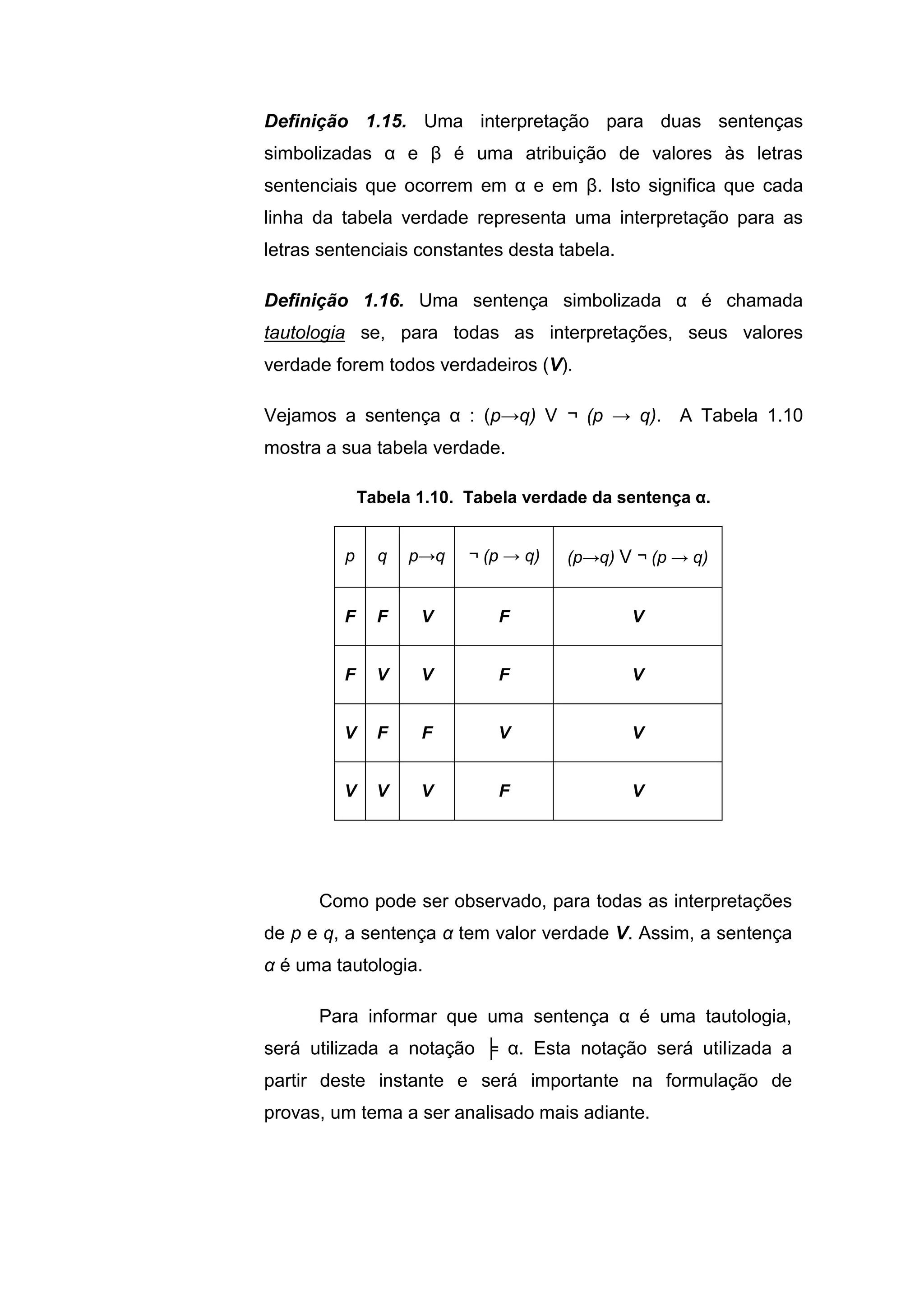 Definição 1.15. Uma interpretação para duas sentenças
simbolizadas α e β é uma atribuição de valores às letras
sentenciais que ocorrem em α e em β. Isto significa que cada
linha da tabela verdade representa uma interpretação para as
letras sentenciais constantes desta tabela.
Definição 1.16. Uma sentença simbolizada α é chamada
tautologia se, para todas as interpretações, seus valores
verdade forem todos verdadeiros (V).
Vejamos a sentença α : (p→q) V ¬ (p → q). A Tabela 1.10
mostra a sua tabela verdade.
Tabela 1.10. Tabela verdade da sentença α.
p q p→q ¬ (p → q) (p→q) V ¬ (p → q)
F F V F V
F V V F V
V F F V V
V V V F V
Como pode ser observado, para todas as interpretações
de p e q, a sentença α tem valor verdade V. Assim, a sentença
α é uma tautologia.
Para informar que uma sentença α é uma tautologia,
será utilizada a notação ╞ α. Esta notação será utilizada a
partir deste instante e será importante na formulação de
provas, um tema a ser analisado mais adiante.
 