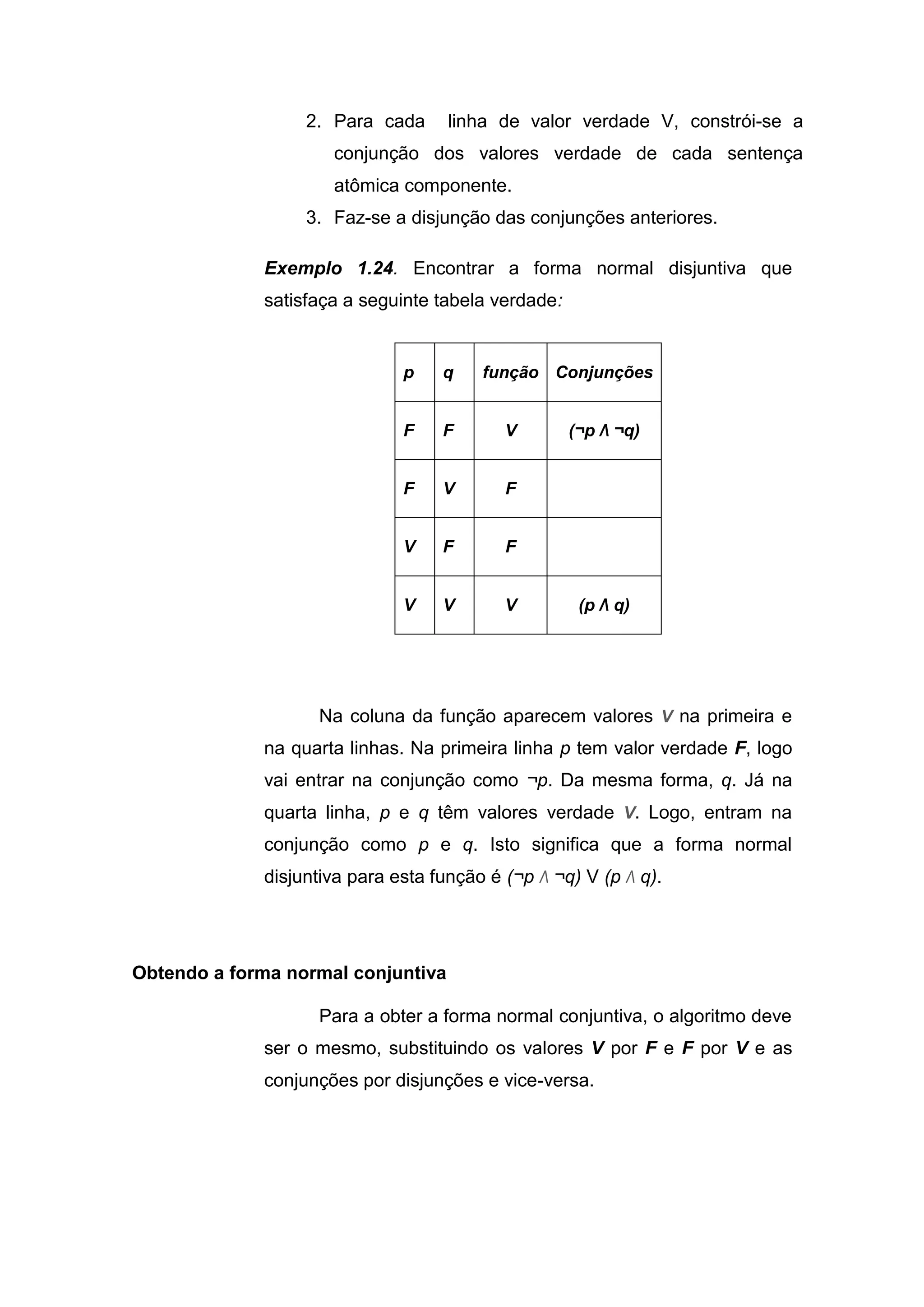 2. Para cada linha de valor verdade V, constrói-se a
conjunção dos valores verdade de cada sentença
atômica componente.
3. Faz-se a disjunção das conjunções anteriores.
Exemplo 1.24. Encontrar a forma normal disjuntiva que
satisfaça a seguinte tabela verdade:
Na coluna da função aparecem valores V na primeira e
na quarta linhas. Na primeira linha p tem valor verdade F, logo
vai entrar na conjunção como ¬p. Da mesma forma, q. Já na
quarta linha, p e q têm valores verdade V. Logo, entram na
conjunção como p e q. Isto significa que a forma normal
disjuntiva para esta função é (¬p Λ ¬q) V (p Λ q).
Obtendo a forma normal conjuntiva
Para a obter a forma normal conjuntiva, o algoritmo deve
ser o mesmo, substituindo os valores V por F e F por V e as
conjunções por disjunções e vice-versa.
p q função Conjunções
F F V (¬p Λ ¬q)
F V F
V F F
V V V (p Λ q)
 