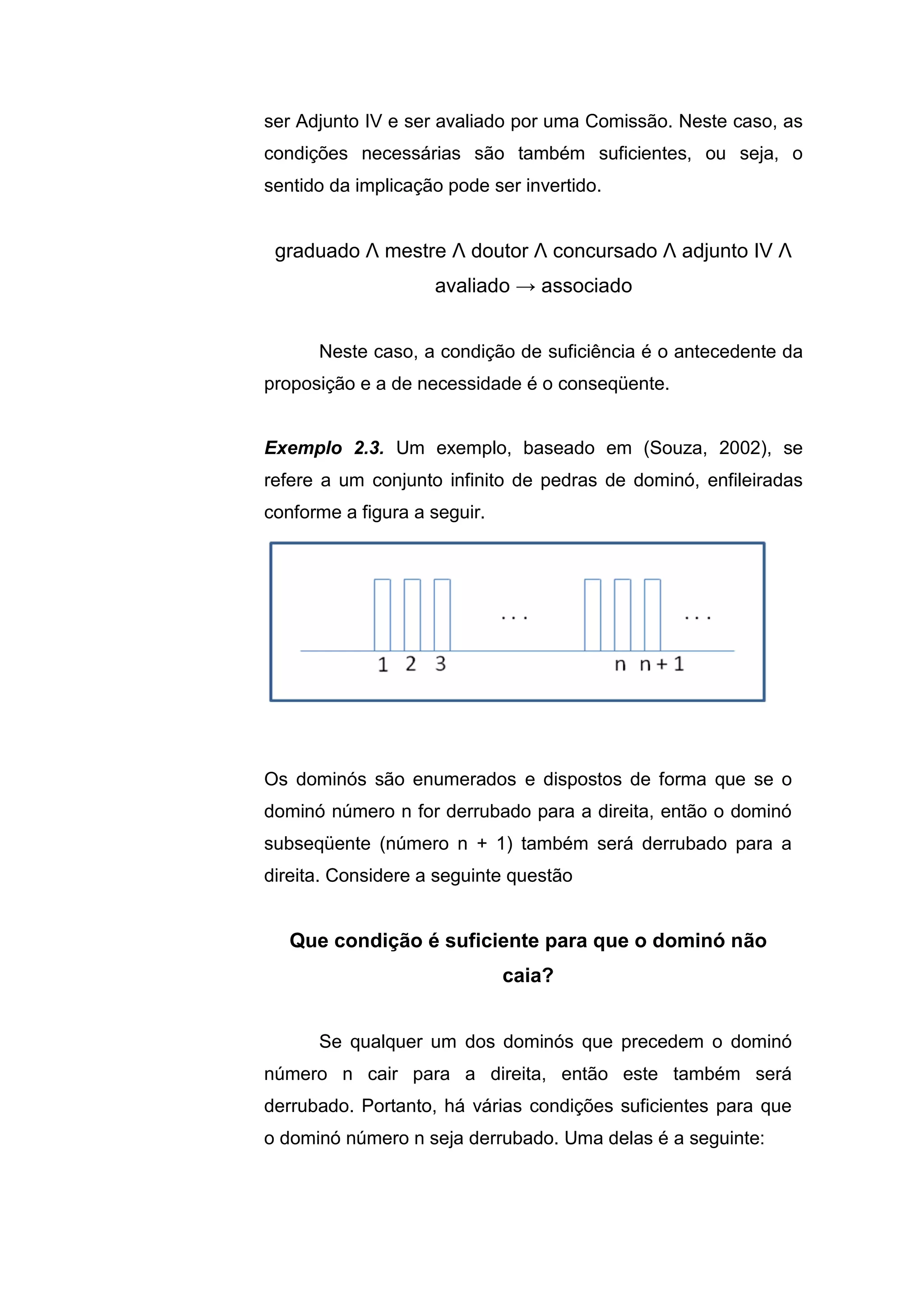 ser Adjunto IV e ser avaliado por uma Comissão. Neste caso, as
condições necessárias são também suficientes, ou seja, o
sentido da implicação pode ser invertido.
graduado Λ mestre Λ doutor Λ concursado Λ adjunto IV Λ
avaliado → associado
Neste caso, a condição de suficiência é o antecedente da
proposição e a de necessidade é o conseqüente.
Exemplo 2.3. Um exemplo, baseado em (Souza, 2002), se
refere a um conjunto infinito de pedras de dominó, enfileiradas
conforme a figura a seguir.
Os dominós são enumerados e dispostos de forma que se o
dominó número n for derrubado para a direita, então o dominó
subseqüente (número n + 1) também será derrubado para a
direita. Considere a seguinte questão
Que condição é suficiente para que o dominó não
caia?
Se qualquer um dos dominós que precedem o dominó
número n cair para a direita, então este também será
derrubado. Portanto, há várias condições suficientes para que
o dominó número n seja derrubado. Uma delas é a seguinte:
 
