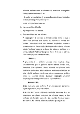 relações distintas entre as classes são afirmadas ou negadas
pelas proposições categóricas.
Há quatro formas típicas de proposições categóricas, ilustradas
pelas quatro seguintes proposições:
1. Todos os políticos são ladrões.
2. Nenhum político é ladrão.
3. Alguns políticos são ladrões.
4. Alguns políticos não são ladrões.
A proposição 1 é universal e afirmativa onde afirma-se que a
classe dos políticos está contida ou incluída na classe dos
ladrões.. Isto implica que todo membro da primeira classe é
também membro da segunda. Neste exemplo, o termo o termo
sujeito “políticos” designa a classe de todos os políticos e o
termo predicado “ladrões” designa a classe de todos os ladrões.
Esta sentença pode ser escrita como
Todo P é L.
A proposição 2 é também universal mas negativa. Nega
universalmente que os políticos sejam ladrões. Neste caso,
verifica-se que a primeira classe, a classe dos políticos, está
totalmente excluída da segunda classe, a classe dos ladrões, ou
seja, não há qualquer membro da primeira classe que também
esteja na segunda classe. Qualquer proposição universal
negativa pode ser esquematizada da seguinte forma:
Nenhum P é L.
Onde, mais uma vez, as letras P e L representam os termos
sujeito e predicado, respectivamente.
A proposição 3 é uma proposição particular afirmativa. Aqui se
estabelece que alguns membros da primeira classe, a dos
políticos, são também elementos da segunda classe, a classe
dos ladrões. No entanto, a assertiva informa que algum ou
 