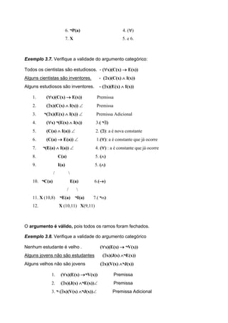 6. ¬P(a) 4. ()
7. X 5. e 6.
Exemplo 3.7. Verifique a validade do argumento categórico:
Todos os cientistas são estudiosos. - (x)(C(x)  E(x))
Alguns cientistas são inventores. - (x)(C(x)  I(x))
Alguns estudiosos são inventores. - (x)(E(x)  I(x))
1. (x)(C(x)  E(x)) Premissa
2. (x)(C(x)  I(x))  Premissa
3. ¬(x)(E(x)  I(x))  Premissa Adicional
4. (x) ¬(E(x)  I(x)) 3.( ¬)
5. (C(a)  I(a))  2. (): a é nova constante
6. (C(a)  E(a))  1.(): a é constante que já ocorre
7. ¬(E(a)  I(a))  4. () : a é constante que já ocorre
8. C(a) 5. ()
9. I(a) 5. ()
/ 
10. ¬C(a) E(a) 6.()
/ 
11. X (10,8) ¬E(a) ¬I(a) 7.( ¬)
12. X (10,11) X(9,11)
O argumento é válido, pois todos os ramos foram fechados.
Exemplo 3.8. Verifique a validade do argumento categórico
Nenhum estudante é velho . (x)(E(x)  ¬V(x))
Alguns jovens não são estudantes (x)(J(x) ¬E(x))
Alguns velhos não são jovens (x)(V(x) ¬J(x))
1. (x)(E(x) ¬V(x)) Premissa
2. (x)(J(x) ¬E(x))Premissa
3. ¬ (x)(V(x) ¬J(x)) Premissa Adicional
 