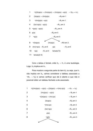 1 ¬(((x)p(x) → (x)(q(x)) → (x)(p(x) →q(x))) -- ¬(h2 ↔ h1)
2 (x)p(x) → (x)(q(x) --R8 em 1
3 ¬(x)(p(x) →q(x)) --R8 em 1
4 (x)¬(p(x) →q(x)) --R10 em 3
5 ¬(p(a) →q(a)) --R12 em 4
6 p(a) --R8 em 5
7 ¬q(a) --R8 em 5
8 ¬(x)p(x) (x)q(x) --R3 em 2
9 (x)¬p(x) --R10 em 8 q(a) -- R12 em 8
10 ¬p(a) --R12 em 9 fechado(7,9)
11 fechado(6,10)
Como o tableau é fechado, então h2 → h1 é uma tautologia.
Logo, h2 implica em h1.
Para mostrar a segunda parte do item b), ou seja, que h1
não implica em h2, vamos considerar o tableau associado a
¬(h1 → h2) e vamos verificar que ele é aberto e que não é
possível obter um tableau fechado a ele associado.
1 ¬(((x)(p(x) → q(x)) → ((x)p(x) →¬(x) q(x))) -- ¬(h1 → h2)
2 (x)(p(x) → q(x)) -- R8 em 1
3 ¬((x)p(x) → (x) q(x) -- R8 em 1
4 (x)p(x) --R8 em 3
5 ¬(x) q(x) --R8 em 3
6 (x)¬q(x) --R10 em 5
7 p(a) –R12 em 4
8 ¬q(b) –R12 em 3
 
