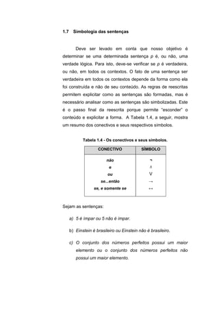 Deve ser levado em conta que nosso objetivo é
determinar se uma determinada sentença p é, ou não, uma
verdade lógica. Para isto, deve-se verificar se p é verdadeira,
ou não, em todos os contextos. O fato de uma sentença ser
verdadeira em todos os contextos depende da forma como ela
foi construída e não de seu conteúdo. As regras de reescritas
permitem explicitar como as sentenças são formadas, mas é
necessário analisar como as sentenças são simbolizadas. Este
é o passo final da reescrita porque permite “esconder” o
conteúdo e explicitar a forma. A Tabela 1.4, a seguir, mostra
um resumo dos conectivos e seus respectivos símbolos.
Tabela 1.4 - Os conectivos e seus símbolos.
Sejam as sentenças:
a) 5 é ímpar ou 5 não é ímpar.
b) Einstein é brasileiro ou Einstein não é brasileiro.
c) O conjunto dos números perfeitos possui um maior
elemento ou o conjunto dos números perfeitos não
possui um maior elemento.
1.7 Simbologia das sentenças
CONECTIVO SÍMBOLO
não
e
ou
se...então
se, e somente se
¬
Λ
V
→
↔
 