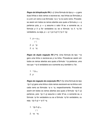 Regra da biimplicação R4 (↔). Uma fórmula do tipo p ↔ q gera
duas linhas e dois ramos e escreve-se, nas linhas as fórmulas p
e q em um ramo e as fórmulas ¬p e ¬q no outro ramo. Procede-
se assim em todos os ramos abertos aos quais a fórmula p ↔ q
pertence pois, p ↔ q assume o valor V se, e somente se, a
fórmula p Λ q for verdadeira ou se a fórmula ¬p Λ ¬q for
verdadeira, ou seja, p ↔ q = (p Λ q) V (¬p Λ ¬q).
1. p ↔ q ‫ے‬
/ 
2. p ¬p
3. q ¬q
Regra da dupla negação R5 (¬¬). Uma fórmula do tipo ¬¬p
gera uma linha e escreve-se p na linha. Procede-se assim em
todos os ramos abertos aos quais a fórmula ¬¬p pertence, uma
vez que ¬¬p é verdadeira se e somente se p também a for.
1. ¬¬p ‫ے‬
2. p
Regra da negação da conjunção R6 (¬ Λ). Uma fórmula do tipo
¬(p Λ q) gera uma linha e dois ramos escrevem-se na linha e em
cada ramo as fórmulas ¬p e ¬q, respectivamente. Procede-se
assim em todos os ramos abertos aos quais a fórmula ¬(p Λ q)
pertence, pois ¬(p Λ q) assume o valor V se, e somente se, a
fórmula ¬p for verdadeira ou se a fórmula ¬q for verdadeira, ou
seja, ¬(p Λ q) = ¬p V ¬q.
1. ¬(p Λ q) ‫ے‬
/ 
2. ¬p ¬q
 
