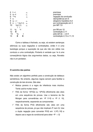 4 t→r ‫ے‬ premissa
5 q→t ‫ے‬ premissa
6 ¬¬s ‫ے‬ negação da conclusão
7 s idempotência em 6
8 q → r ‫ے‬ silogismo hipotético 5,4
9 s → ¬ (q Λ r) ‫ے‬ por contraposição em 3
10 ¬(q Λ r) ‫ے‬ por MP 7,9
/ 
11 ¬q ¬r por R6 em 10
12 X contradição 2,11
13 ¬q r pela def de → em 8
14 X X contradição 2,13 e 11,13
Como o tableau é fechado, ou seja, só existem sentenças
atômicas ou suas negações e contradições, então h é uma
tautologia porque a suposição de que ela não era válida nos
conduziu a uma contradição. Portanto é verdade que ¬s é uma
conseqüência lógica dos argumentos dados, ou seja, Ronaldo
não é um perdedor.
Não existe um algoritmo perfeito para a construção de tableaux
semânticos. No entanto, algumas regras servem para facilitar a
construção de tais árvores. São elas:
 Modus ponens é a regra de inferência mais intuitiva.
Tente usá-la muitas vezes
 Fbfs da forma ¬(PΛQ) ou ¬(PVQ) dificilmente são úteis
em uma sequência de provas. Use o teorema de De
Morgan para convertê-las em ¬P V¬Q e ¬P Λ ¬Q,
respectivamente, separando as componentes
 Fbfs da forma PVQ dificilmente são úteis em uma
sequência de provas, já que não implicam P nem Q. Use
a dupla negação para converter PVQ em ¬(¬P) VQ e
depois use a regra do condicional para obter ¬P → Q
O caminho das pedras
 