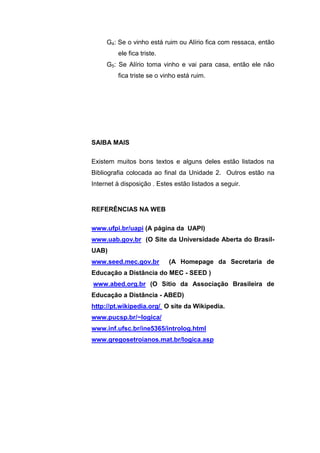 G4: Se o vinho está ruim ou Alírio fica com ressaca, então
ele fica triste.
G5: Se Alírio toma vinho e vai para casa, então ele não
fica triste se o vinho está ruim.
Existem muitos bons textos e alguns deles estão listados na
Bibliografia colocada ao final da Unidade 2. Outros estão na
Internet à disposição . Estes estão listados a seguir.
www.ufpi.br/uapi (A página da UAPI)
www.uab.gov.br (O Site da Universidade Aberta do Brasil-
UAB)
www.seed.mec.gov.br (A Homepage da Secretaria de
Educação a Distância do MEC - SEED )
www.abed.org.br (O Sitio da Associação Brasileira de
Educação a Distância - ABED)
http://pt.wikipedia.org/ O site da Wikipedia.
www.pucsp.br/~logica/
www.inf.ufsc.br/ine5365/introlog.html
www.gregosetroianos.mat.br/logica.asp
SAIBA MAIS
REFERÊNCIAS NA WEB
 