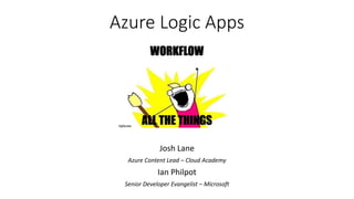 Azure Logic Apps
Josh Lane
Azure Content Lead – Cloud Academy
Ian Philpot
Senior Developer Evangelist – Microsoft
 