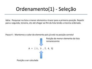 Ordenamento(1)'n'Seleção' 
'''' 
Idéia:''Pesquisar'na'lista'o'menor'elemento'e'trazer'para'a'primeira'posição.'Repe>r' 
para'a'segunda,'terceira,'etc'até'chegar'ao'fim'da'lista'tendo'a'mesma'ordenada.' 
''' 
Passo'4':''Mantemos'o'valor'do'elemento'pois'já'está'na'posição'correta!' 
' 
A'''=''''[''1','''3''',''7,'''4,'''5]' 
'' 
Posição'a'ser'calculada' 
Posição'do'menor'elemento'da'lista' 
remanescente' 
 