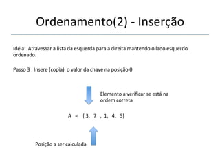 Ordenamento(2)'n'Inserção' 
'''' 
Idéia:''Atravessar'a'lista'da'esquerda'para'a'direita'mantendo'o'lado'esquerdo' 
ordenado.' 
''' 
Passo'3':'Insere'(copia)''o'valor'da'chave'na'posição'0' 
' 
A'''=''''['3,'''7''',''1,'''4,'''5]' 
'' 
Posição'a'ser'calculada' 
Elemento'a'verificar'se'está'na' 
ordem'correta' 
 