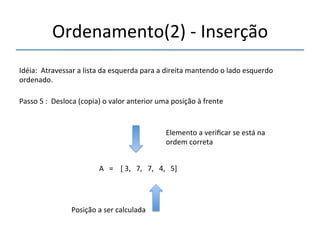 Ordenamento(2)'n'Inserção' 
'''' 
Idéia:''Atravessar'a'lista'da'esquerda'para'a'direita'mantendo'o'lado'esquerdo' 
ordenado.' 
''' 
Passo'5':''Desloca'(copia)'o'valor'anterior'uma'posição'à'frente' 
' 
A'''=''''['3,'''7,'''7,'''4,'''5]' 
'' 
Posição'a'ser'calculada' 
Elemento'a'verificar'se'está'na' 
ordem'correta' 
 