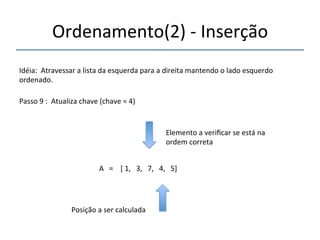 Ordenamento(2)'n'Inserção' 
'''' 
Idéia:''Atravessar'a'lista'da'esquerda'para'a'direita'mantendo'o'lado'esquerdo' 
ordenado.' 
''' 
Passo'9':''Atualiza'chave'(chave'='4)' 
' 
A'''=''''['1,'''3,'''7,'''4,'''5]' 
'' 
Posição'a'ser'calculada' 
Elemento'a'verificar'se'está'na' 
ordem'correta' 
 