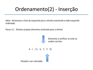 Ordenamento(2)'n'Inserção' 
'''' 
Idéia:''Atravessar'a'lista'da'esquerda'para'a'direita'mantendo'o'lado'esquerdo' 
ordenado.' 
''' 
Passo'11':''Desloca'(copia)'elemento'analisado'para'a'direita'' 
' 
A'''=''''['1,'''3,'''7,'''7,'''5]' 
'' 
Posição'a'ser'calculada' 
Elemento'a'verificar'se'está'na' 
ordem'correta' 
 