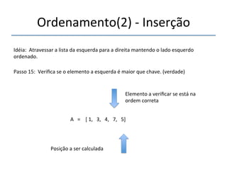 Ordenamento(2)'n'Inserção' 
'''' 
Idéia:''Atravessar'a'lista'da'esquerda'para'a'direita'mantendo'o'lado'esquerdo' 
ordenado.' 
''' 
Passo'15:''Verifica'se'o'elemento'a'esquerda'é'maior'que'chave.'(verdade)' 
' 
A'''=''''['1,'''3,'''4,'''7,'''5]' 
'' 
Posição'a'ser'calculada' 
Elemento'a'verificar'se'está'na' 
ordem'correta' 
 