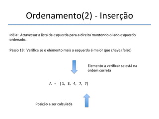 Ordenamento(2)'n'Inserção' 
'''' 
Idéia:''Atravessar'a'lista'da'esquerda'para'a'direita'mantendo'o'lado'esquerdo' 
ordenado.' 
''' 
Passo'18:''Verifica'se'o'elemento'mais'a'esquerda'é'maior'que'chave'(falso)' 
' 
A'''=''''['1,'''3,'''4,'''7,'''7]' 
'' 
Posição'a'ser'calculada' 
Elemento'a'verificar'se'está'na' 
ordem'correta' 
 