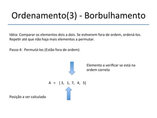 Ordenamento(3)'n'Borbulhamento' 
'''' 
Idéia:'Comparar'os'elementos'dois'a'dois.'Se'es>verem'fora'de'ordem,'ordenánlos.' 
Repe>r'até'que'não'haja'mais'elementos'a'permutar.' 
''' 
Passo'4:''Permutánlos'(Estão'fora'de'ordem)' 
' 
A'''=''''['3,'''1,''7,'''4,'''5]' 
'' 
Posição'a'ser'calculada' 
Elemento'a'verificar'se'está'na' 
ordem'correta' 
 