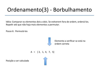 Ordenamento(3)'n'Borbulhamento' 
'''' 
Idéia:'Comparar'os'elementos'dois'a'dois.'Se'es>verem'fora'de'ordem,'ordenánlos.' 
Repe>r'até'que'não'haja'mais'elementos'a'permutar.' 
''' 
' 
A'''=''''['3,'''1,''4,'''7,'''5]' 
'' 
Passo'6:''Permutánlos' 
Posição'a'ser'calculada' 
Elemento'a'verificar'se'está'na' 
ordem'correta' 
 