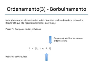 Ordenamento(3)'n'Borbulhamento' 
'''' 
Idéia:'Comparar'os'elementos'dois'a'dois.'Se'es>verem'fora'de'ordem,'ordenánlos.' 
Repe>r'até'que'não'haja'mais'elementos'a'permutar.' 
''' 
Passo'7':''Comparar'os'dois'próximos' 
' 
A'''=''''['3,'''1,''4,'''7,'''5]' 
'' 
Posição'a'ser'calculada' 
Elemento'a'verificar'se'está'na' 
ordem'correta' 
 