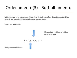 Ordenamento(3)'n'Borbulhamento' 
'''' 
Idéia:'Comparar'os'elementos'dois'a'dois.'Se'es>verem'fora'de'ordem,'ordenánlos.' 
Repe>r'até'que'não'haja'mais'elementos'a'permutar.' 
''' 
' 
A'''=''''['1,'''3,''4,'''5,'''7]' 
'' 
Passo'10':''Permutar' 
Posição'a'ser'calculada' 
Elemento'a'verificar'se'está'na' 
ordem'correta' 
 