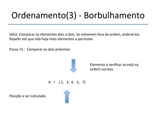 Ordenamento(3)'n'Borbulhamento' 
'''' 
Idéia:'Comparar'os'elementos'dois'a'dois.'Se'es>verem'fora'de'ordem,'ordenánlos.' 
Repe>r'até'que'não'haja'mais'elementos'a'permutar.' 
''' 
Passo'15':''Comparar'os'dois'próximos' 
' 
A'''=''''['1,'''3,''4,'''5,'''7]' 
'' 
Posição'a'ser'calculada' 
Elemento'a'verificar'se'está'na' 
ordem'correta' 
 