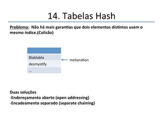 14.'Tabelas'Hash' 
Confinandovalores' 
'' 
''' 
'' 
0' 
1' 
2' 
3' 
4' 
5' 
6' 
7' 
0' 
1' 
2' 
3' 
4' 
199' 
200' 
201' 
• 'Usar'o'módulo'(resto'da'divisão)' 
• 'Qualquer'Número'%'5'terá'como' 
resultado'um'valor'de'0'a'4' 
 