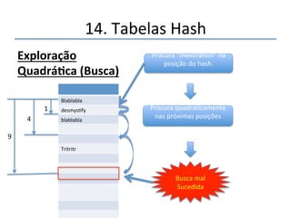14.'Tabelas'Hash' 
Exploração 
Quadrá@ca(Busca) 
 
Blablabla' 
desmysfy' 
blablabla' 
Tritritr' 
Melioraon' 
Procura'“melioraon”'na' 
posição'do'hash.' 
' 
Procura'quadracamente' 
nas'próximas'posições' 
' 
Busca'Bem' 
Sucedida' 
1' 
4' 
9' 
 